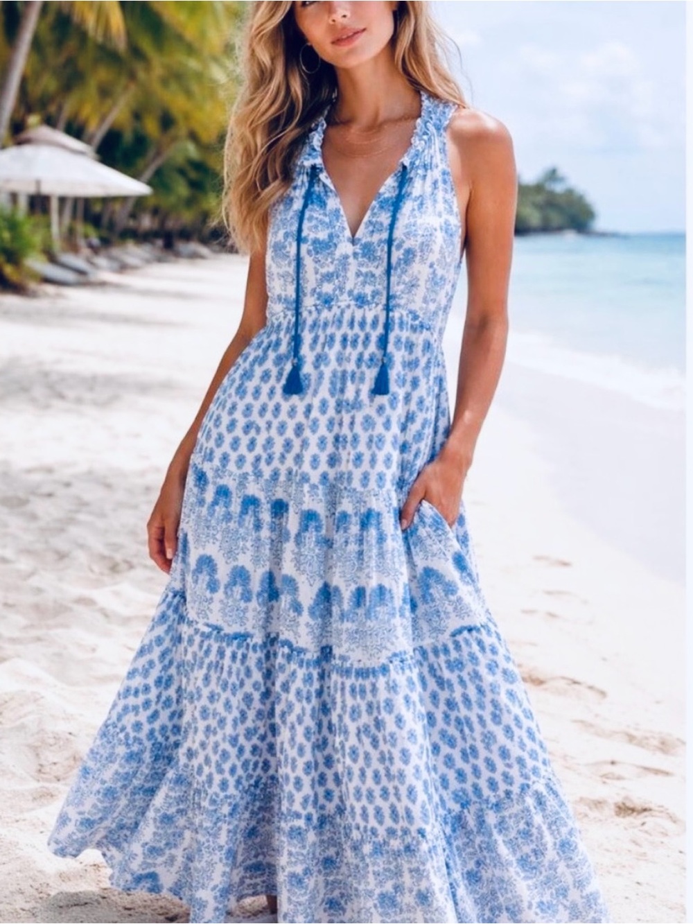 Calypso St. Barth Daria Cotton Blue/White Rufled Tiered Maxi Sundress  S/ M NWT